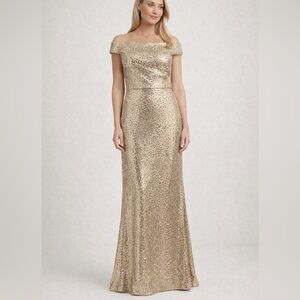 Dessy Collection Elegant Gold Sequin Off-Shoulder Maxi Gown Size 8 NWT